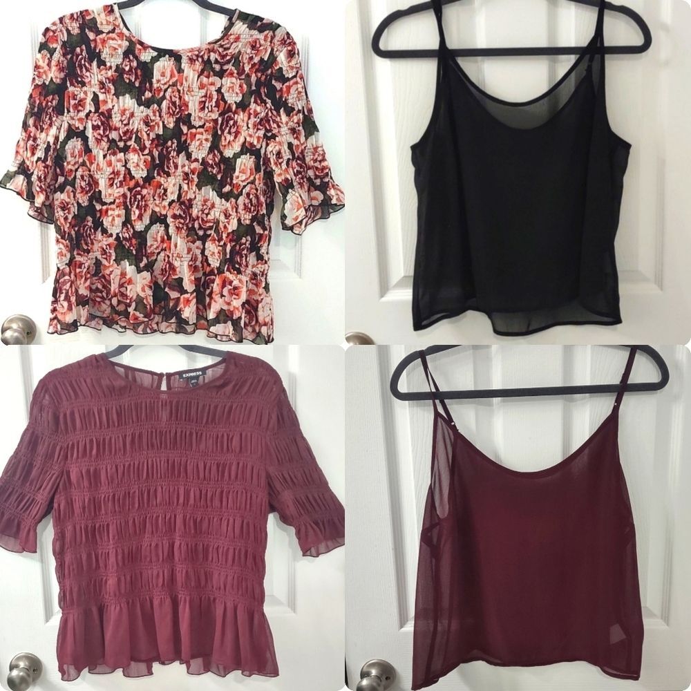 SET OF 4 Express Purple Floral Sheer Ruffle Floral Blouse & Cami Size L
